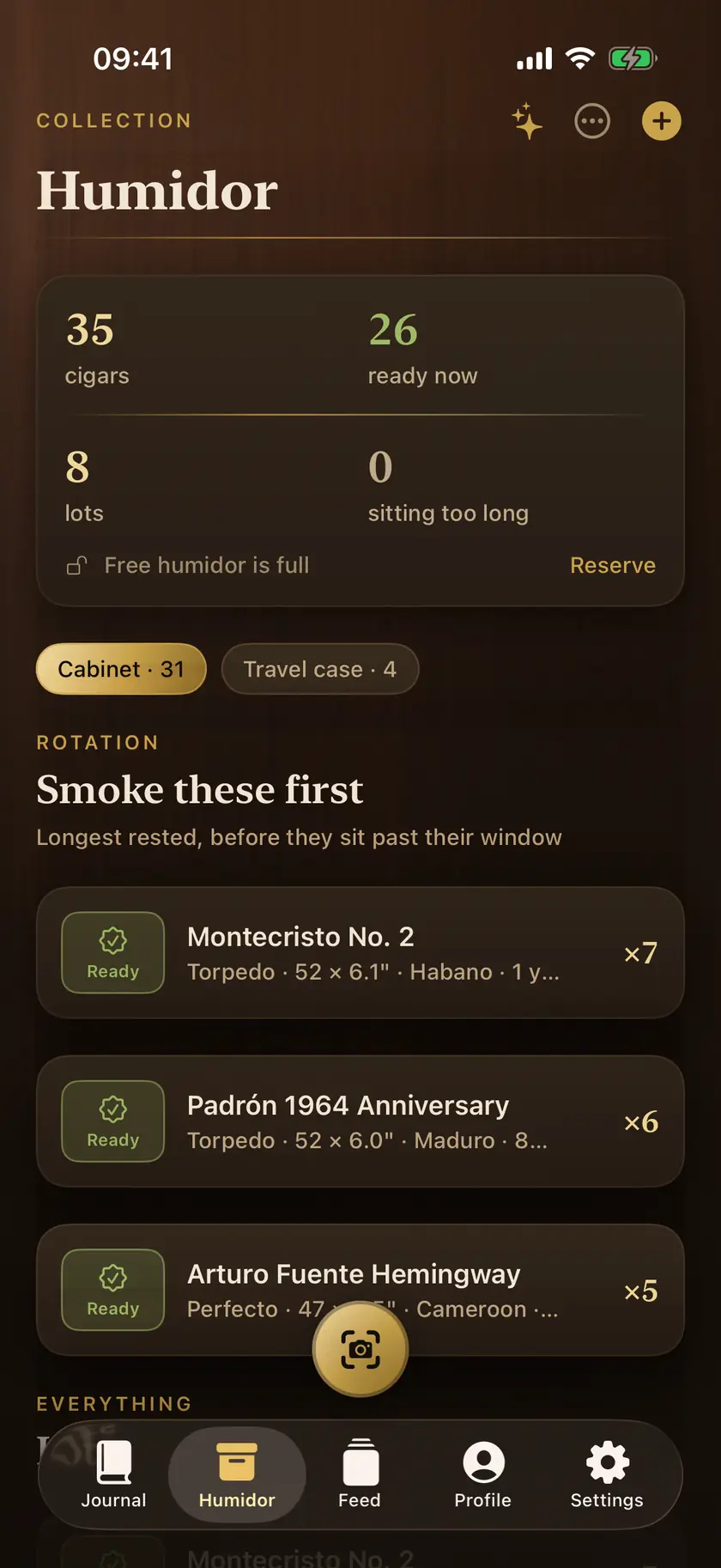 Ligero humidor screen: lots on the shelf, each with how long it has rested